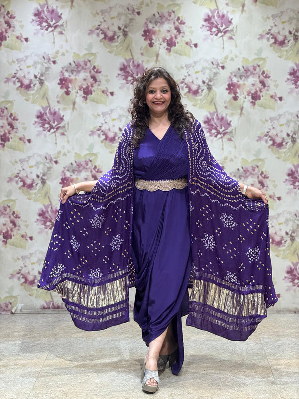 Purple Bandhej Cape Set