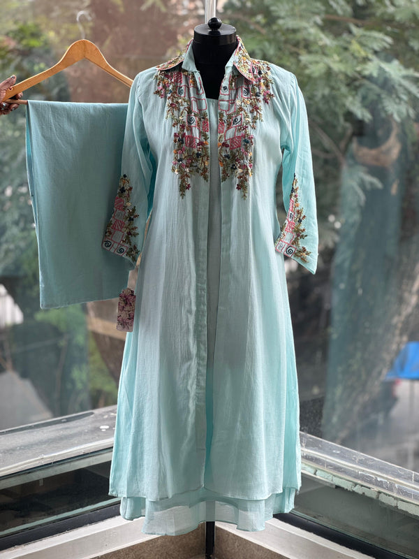 Blue Embroidered Jacket Set