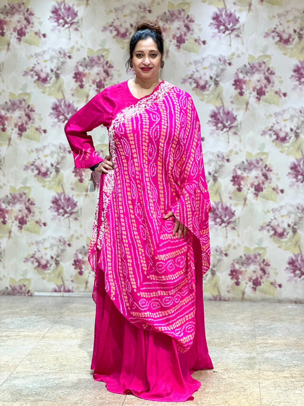 Pink Gown with Bandhej Drape