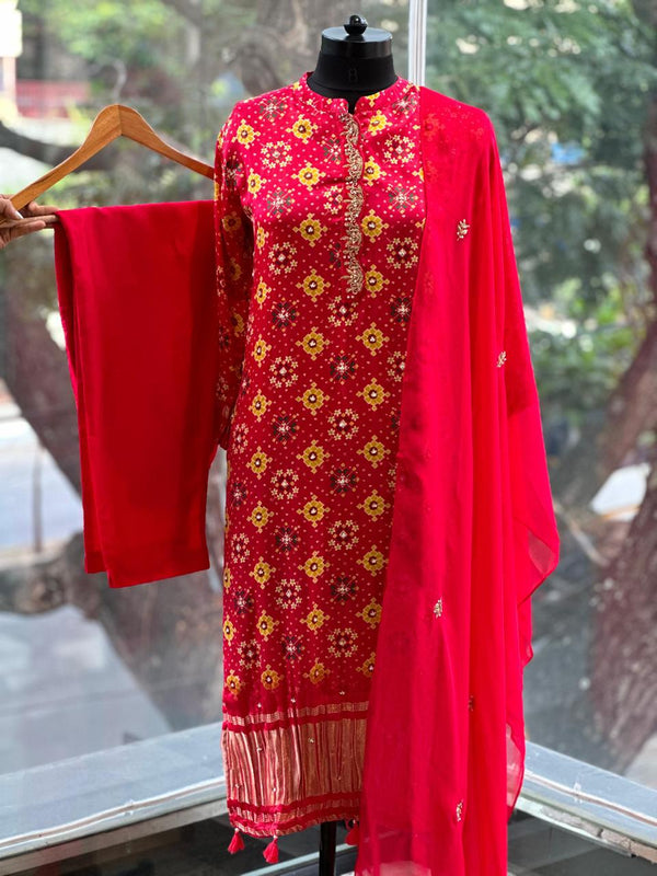 Red Patola Gajjee Silk Suit Set