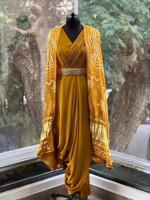 Mustard Bandhej Cape Set