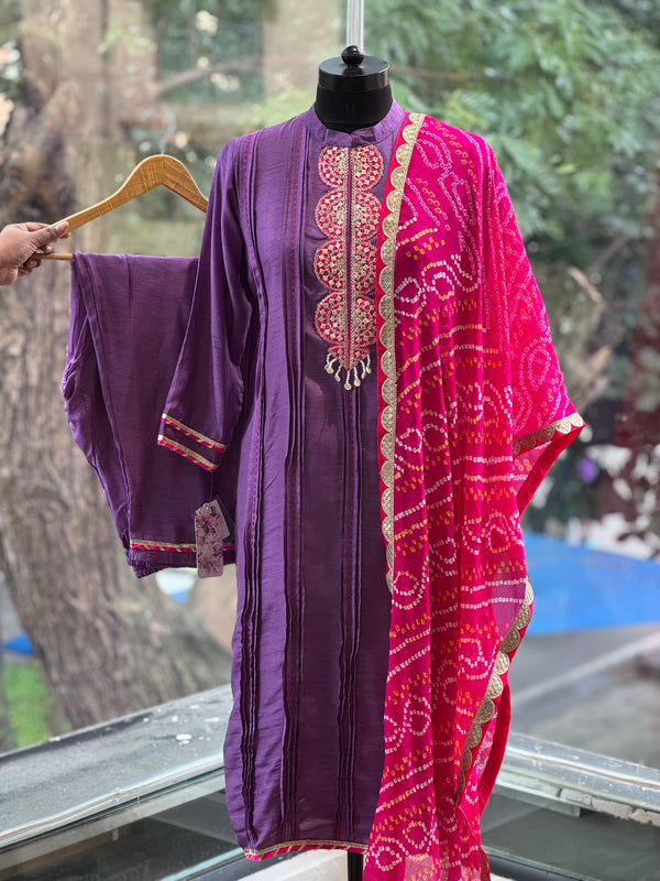 Purple Bandhej Dupatta Set