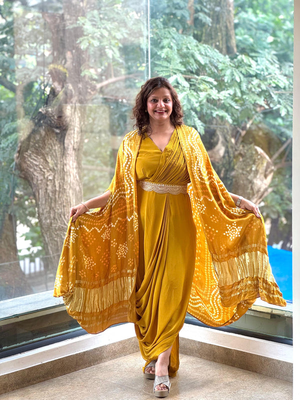 Mustard Bandhej Cape Set