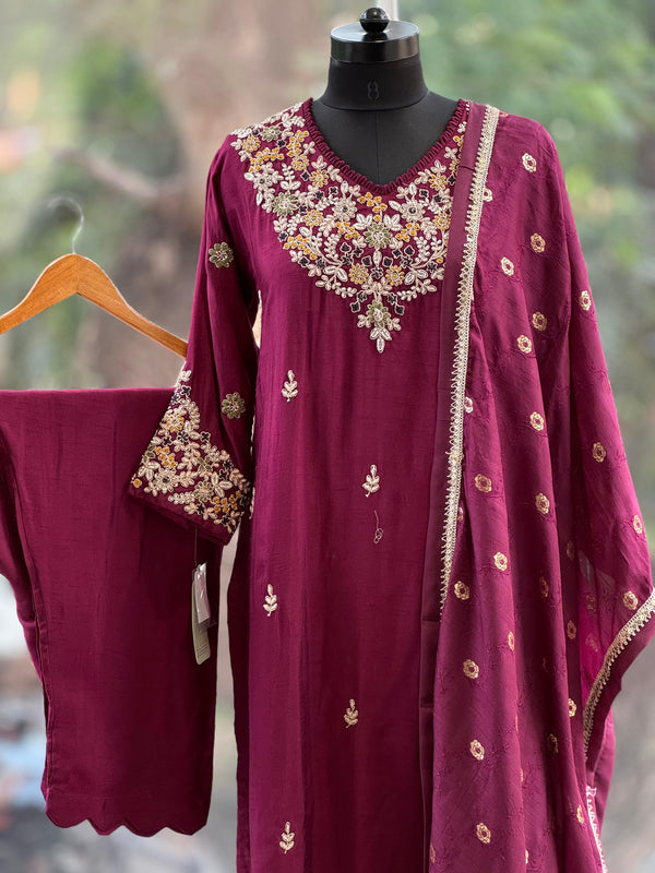Purple Yolk Embroidered Suit Set
