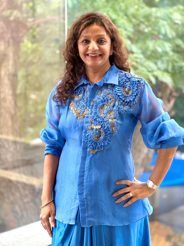 Blue Organza Shirt & Pleated Skirt Set with Applique Detail