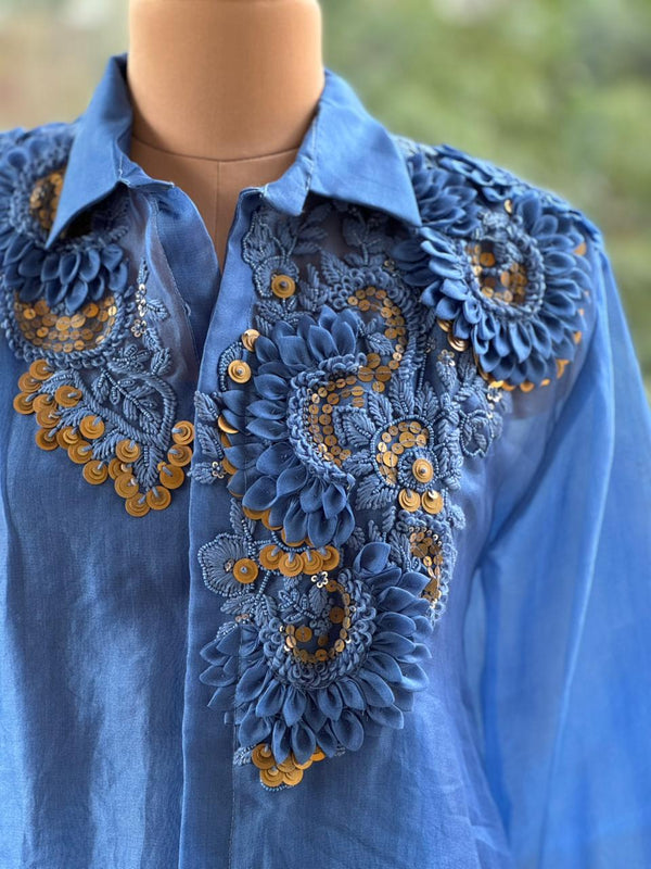 Blue Organza Shirt & Pleated Skirt Set with Applique Detail