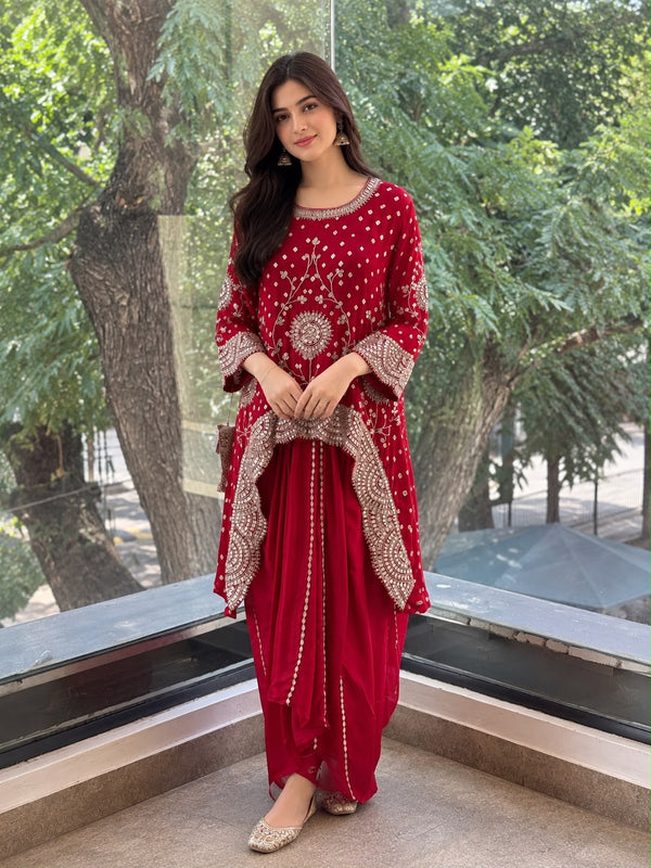 Red Bandhej Skirt Set