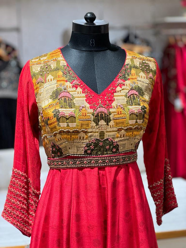 Red Digital Print Gown