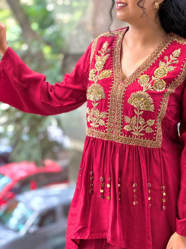Maroon Peplum Top Skirt Set