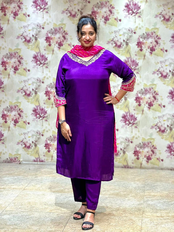 Purple Zardozi Yolk Work Suit Set