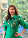 Emerald Green Organza Shirt & Pleated Skirt Set with Applique Detail