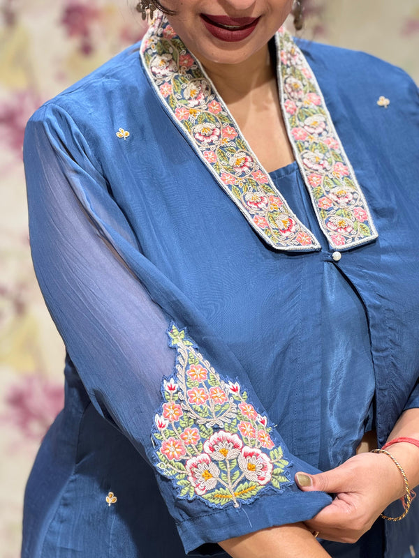 Blue Embroidered Jacket Set