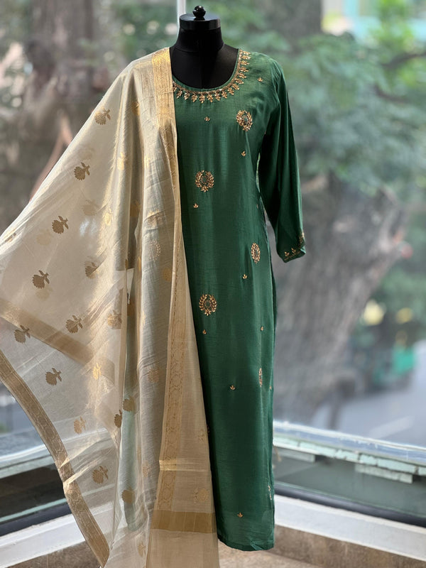 Green Kurta with Tissue Dupatta