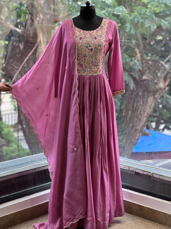 Purple Yolk Work Gown With Dupatta