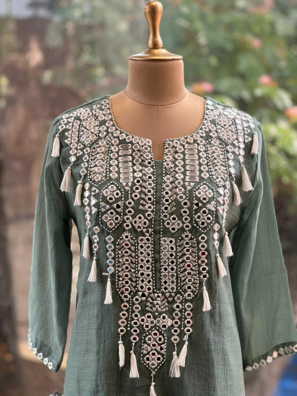 Green Mirror Yoke Dupatta Set