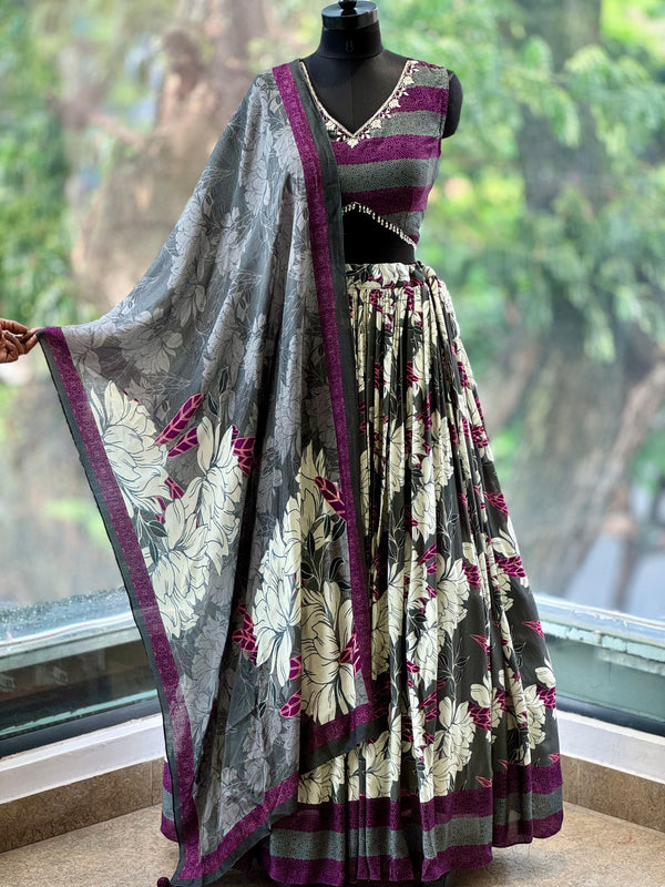 Grey/Purple Floral Lehenga Set