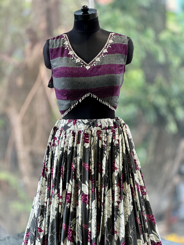 Grey/Purple Floral Lehenga Set