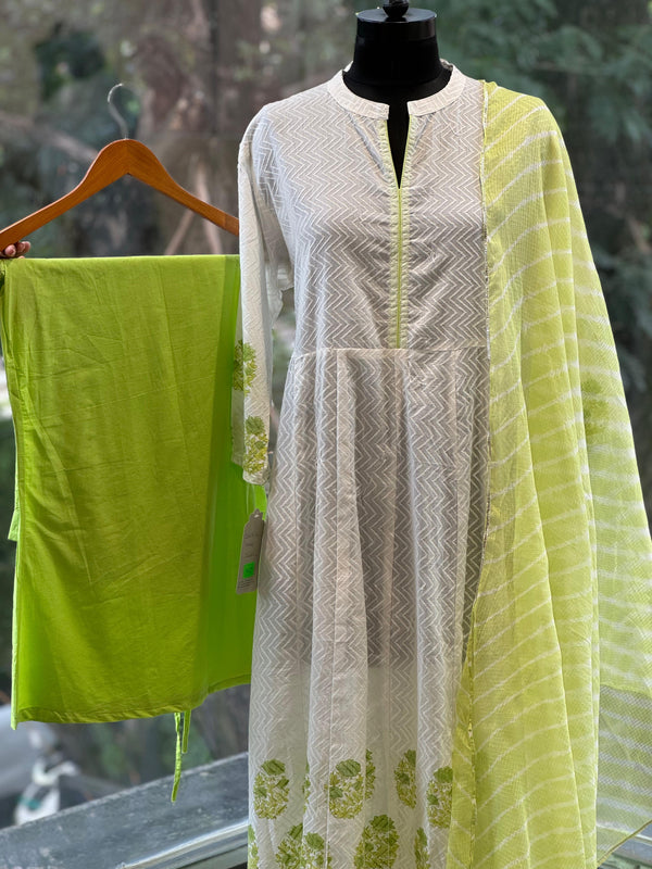 White Block Print Dupatta Set