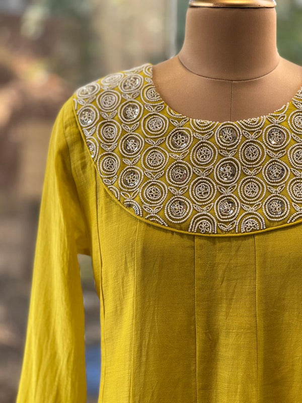 Yellow Mul Beads Work Suit