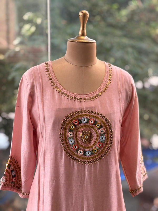 Pink Embroidered Mul Suit