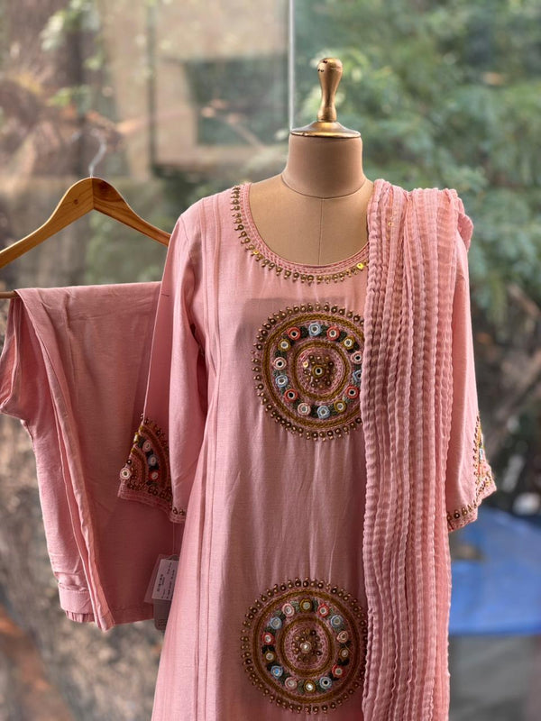 Pink Embroidered Mul Suit