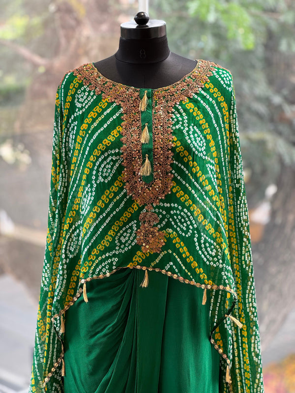 Green Bandhej Cape Set