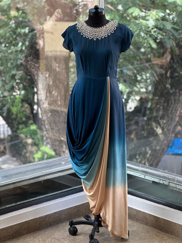 Blue Shaded Cowl Gown