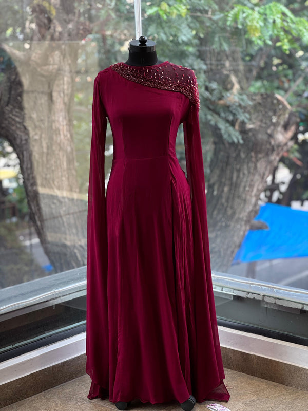 Maroon Tail Sleeves Gown