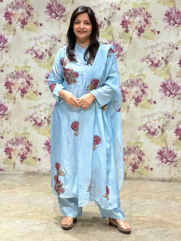 Pastels Blue Flower Embroidered Suit Set