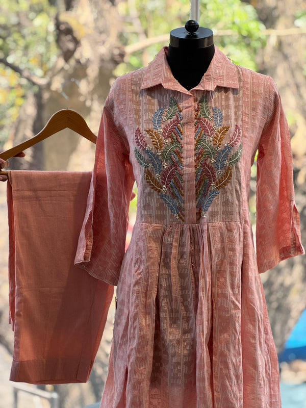 Peach Embroidered Yolk Co Ord
