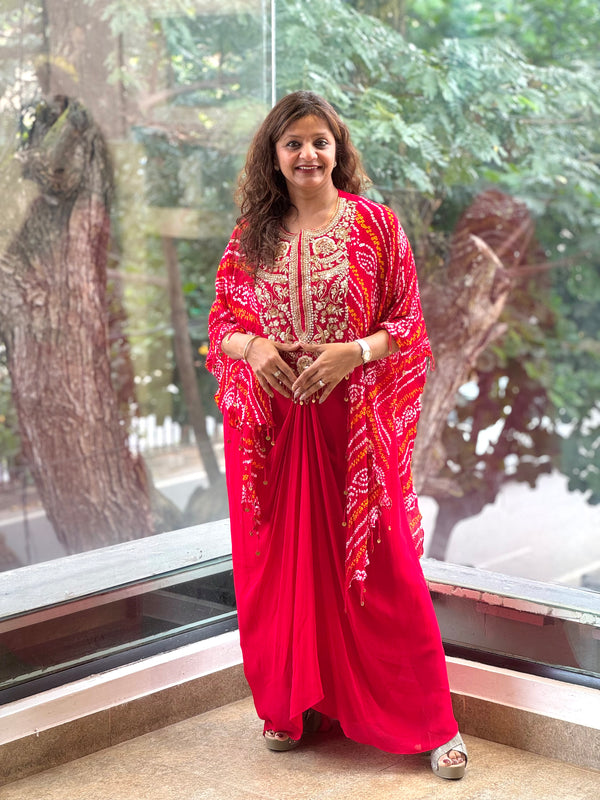 Red Bandhej Skirt Set