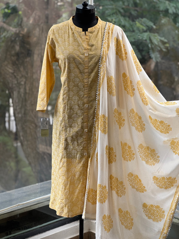 Yellow Block Print Dupatta Set