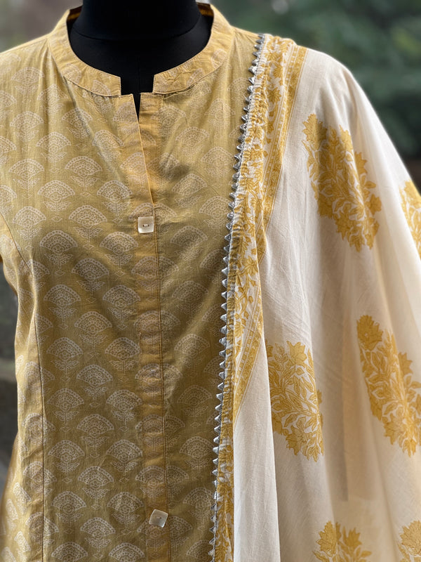 Yellow Block Print Dupatta Set