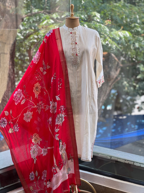 Half White Madhubani Print dupatta set