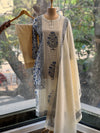 Cream /Blue Block Printed Dupatta Set
