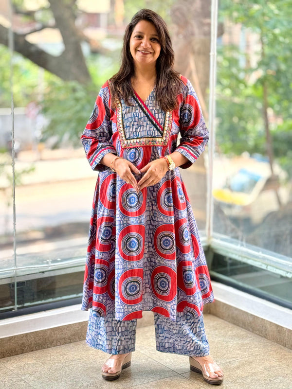 Maroon Blue Printed Kurta Pants