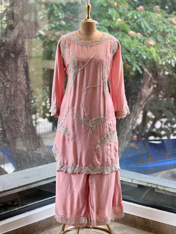 Pink Bird Embroidered Palazzo Set