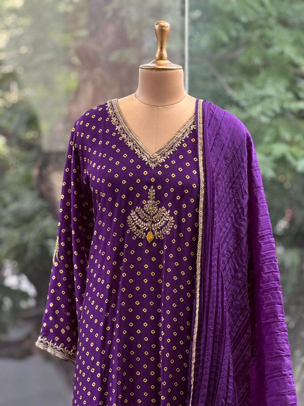 Purple Bandhej Dupatta Set