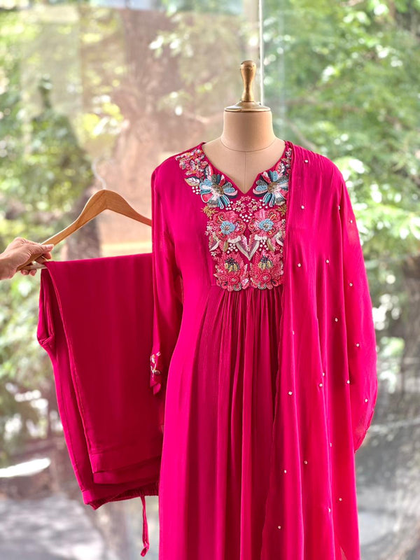 Rani Pink Intricate Yoke Suit