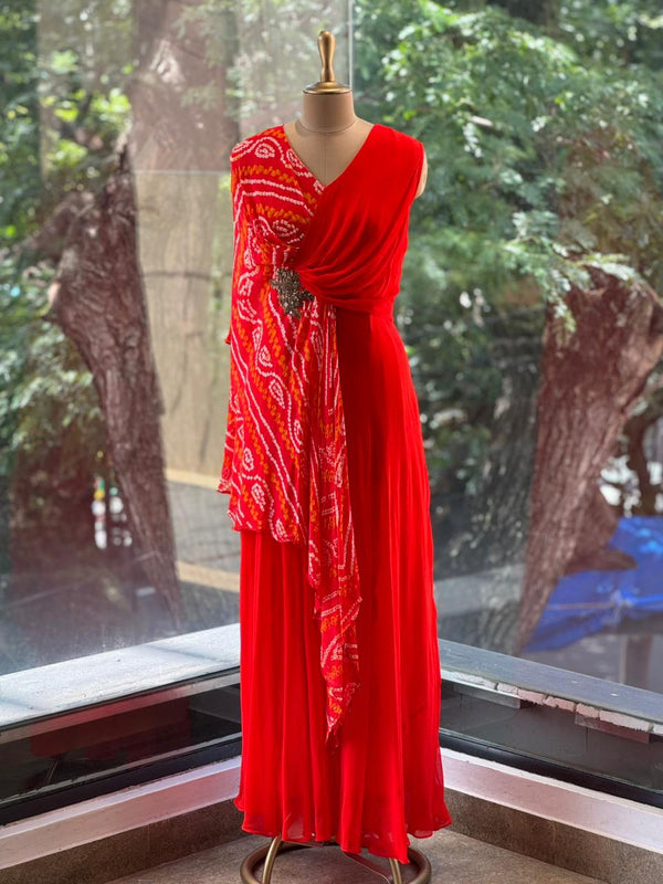 Orange Bandhej Flap Gown