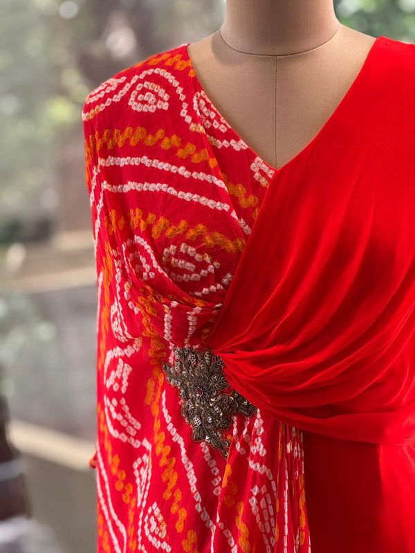 Orange Bandhej Flap Gown