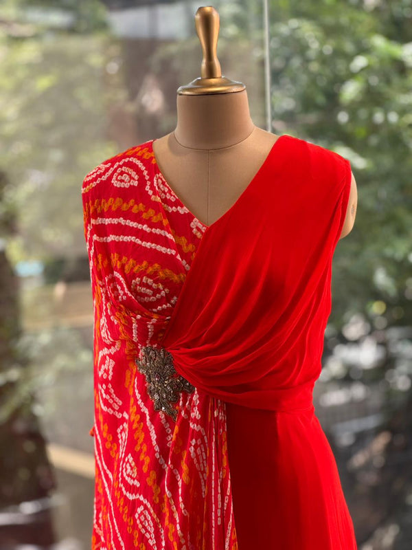 Orange Bandhej Flap Gown