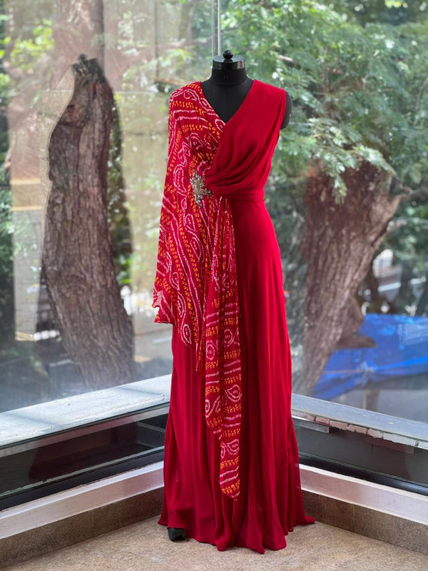 Red Bandhej Flap Gown