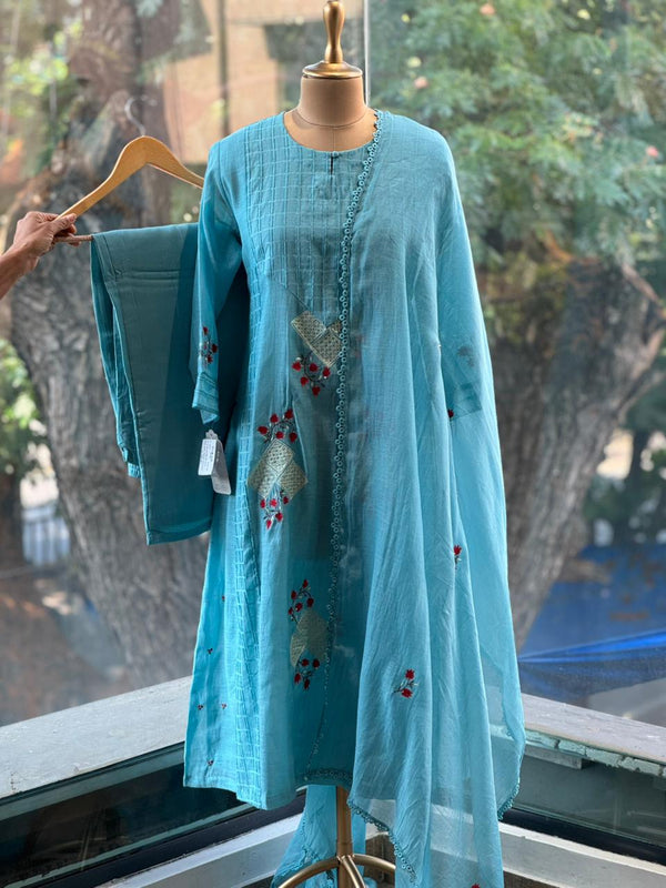 Blue Mul Dupatta Set