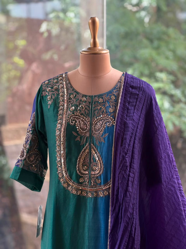 Peacock Green Mul chanderi Suit
