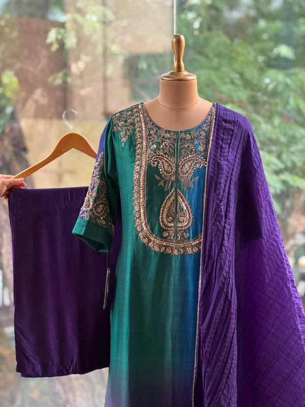 Peacock Green Mul chanderi Suit