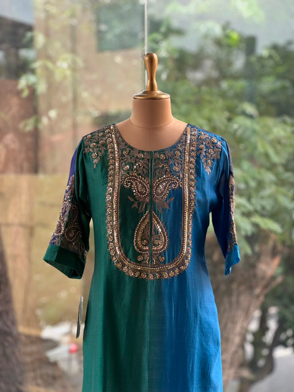 Peacock Green Mul chanderi Suit