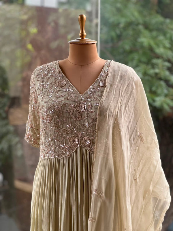 Pista Green Intricate Yoke Gown