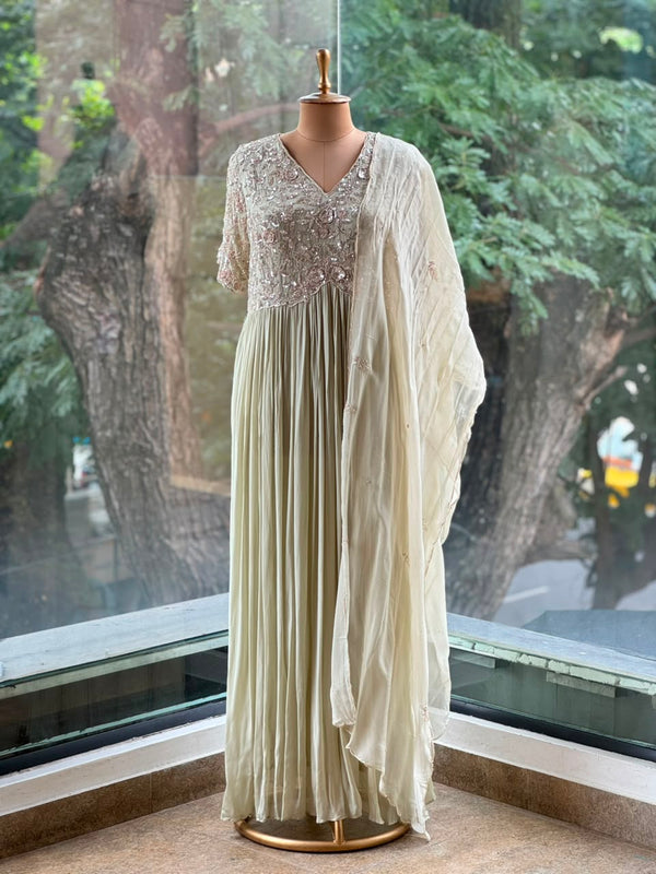Pista Green Intricate Yoke Gown