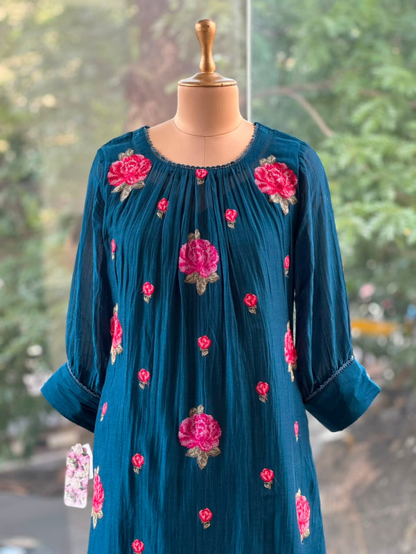 Blue Floral Embroidery Tunic